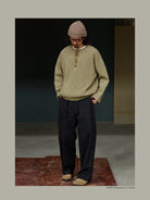 USAGE Heavyweight Waffle Knit Henley Sweatshirt in Olive - On Male Model