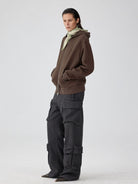 SIMPLE PROJECT Cotton Blend Zip Up Hoodie in Brown - On Female Model