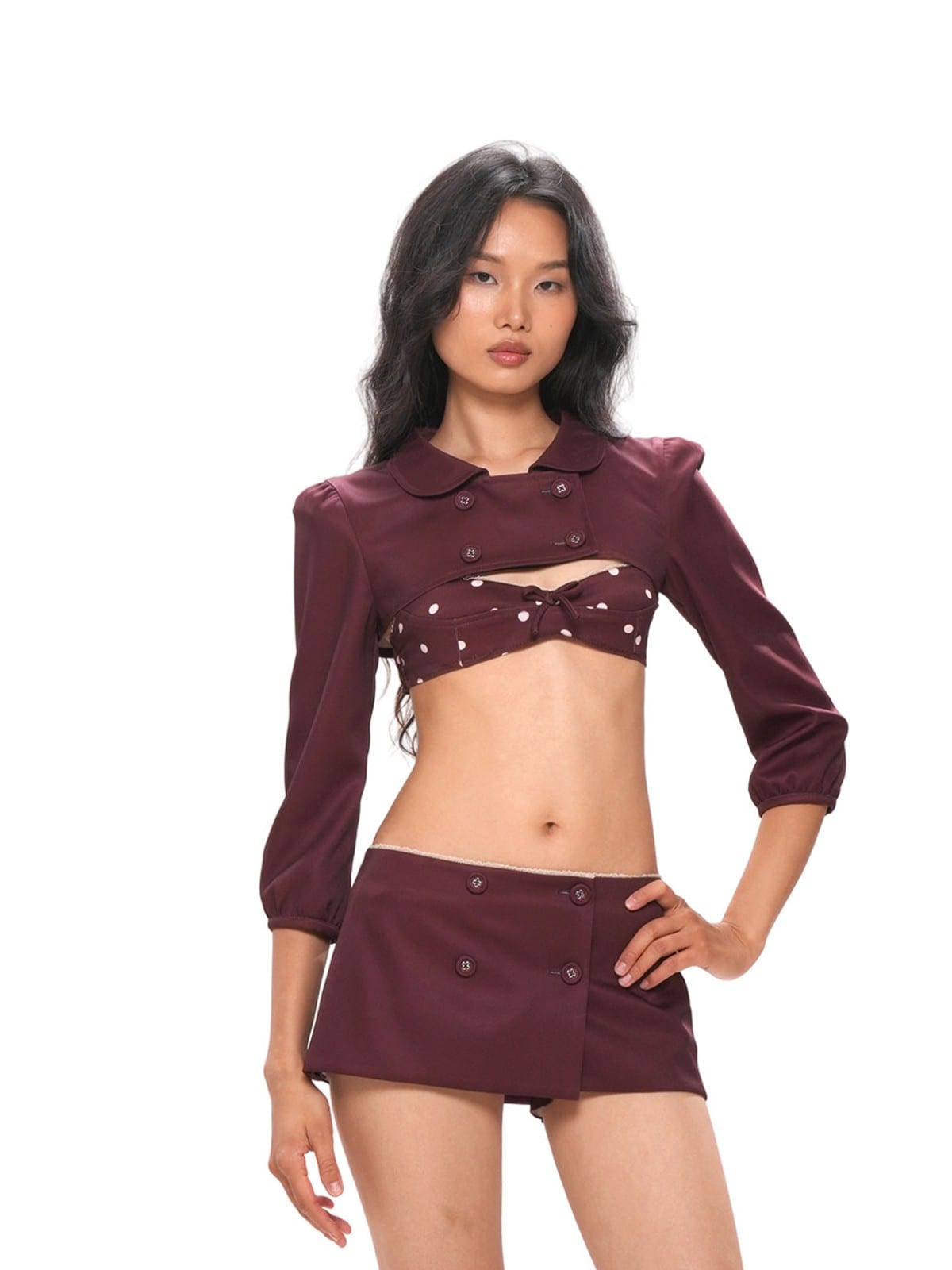 SweetChilling Double Breasted Polka Dot Mini Skirt in Brown - On Female Model