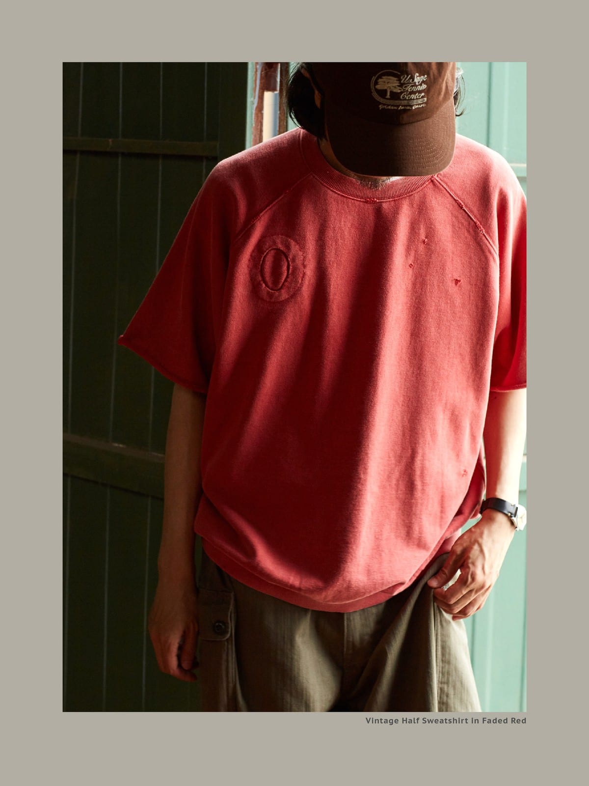 USAGE Vintage Wash Distressed Short Sleeve Sweatshirt in Red - On Male Model