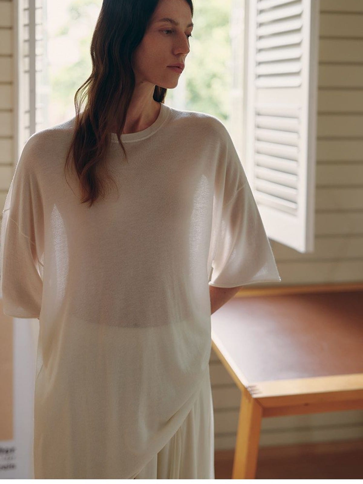 MSBEAST Sheer Lyocell Cashmere Half Sleeve T Shirt in White - On Female Model