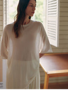 MSBEAST Sheer Lyocell Cashmere Half Sleeve T Shirt in White - On Female Model