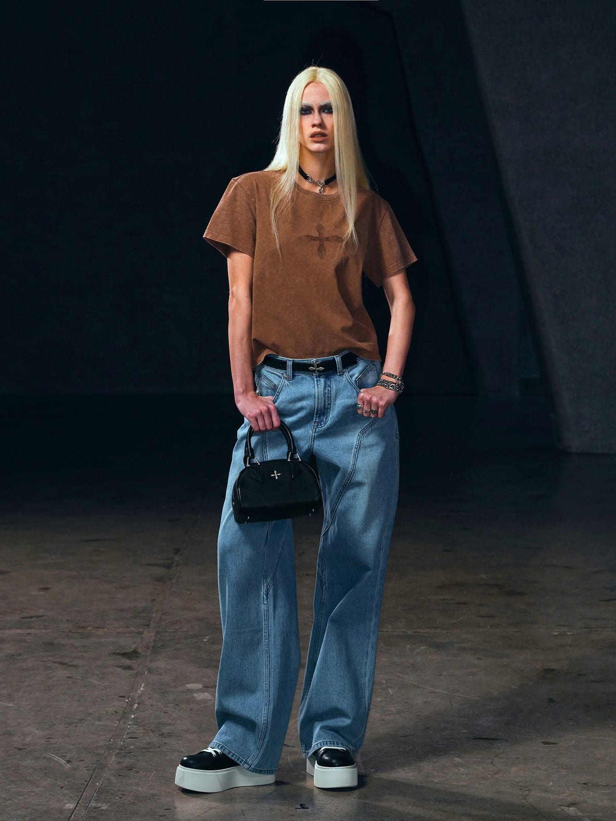 SMFK Stone Washed Graphic T Shirt in Brown - On Female Model
