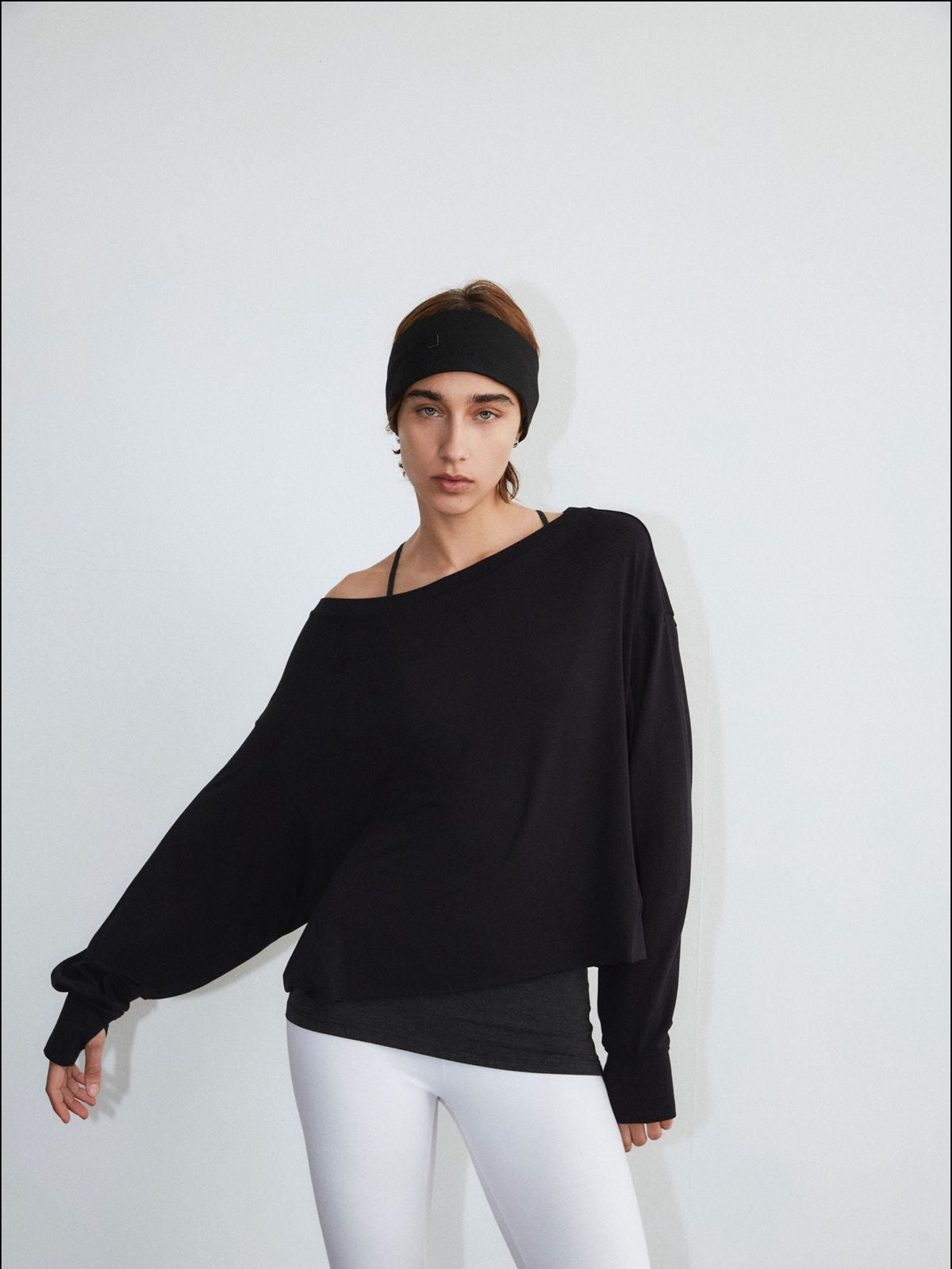 Fax Copy Express Off Shoulder Overlay Sweatshirt in Black - On Female Model