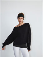 Fax Copy Express Off Shoulder Overlay Sweatshirt in Black - On Female Model