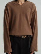 JCAESAR STUDIO Cropped V Neck Jacquard Sweatshirt in Brown - On Model