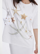 THELIGHT OFFICIAL Rhinestone Starfish Motif T Shirt in White - On Female Model