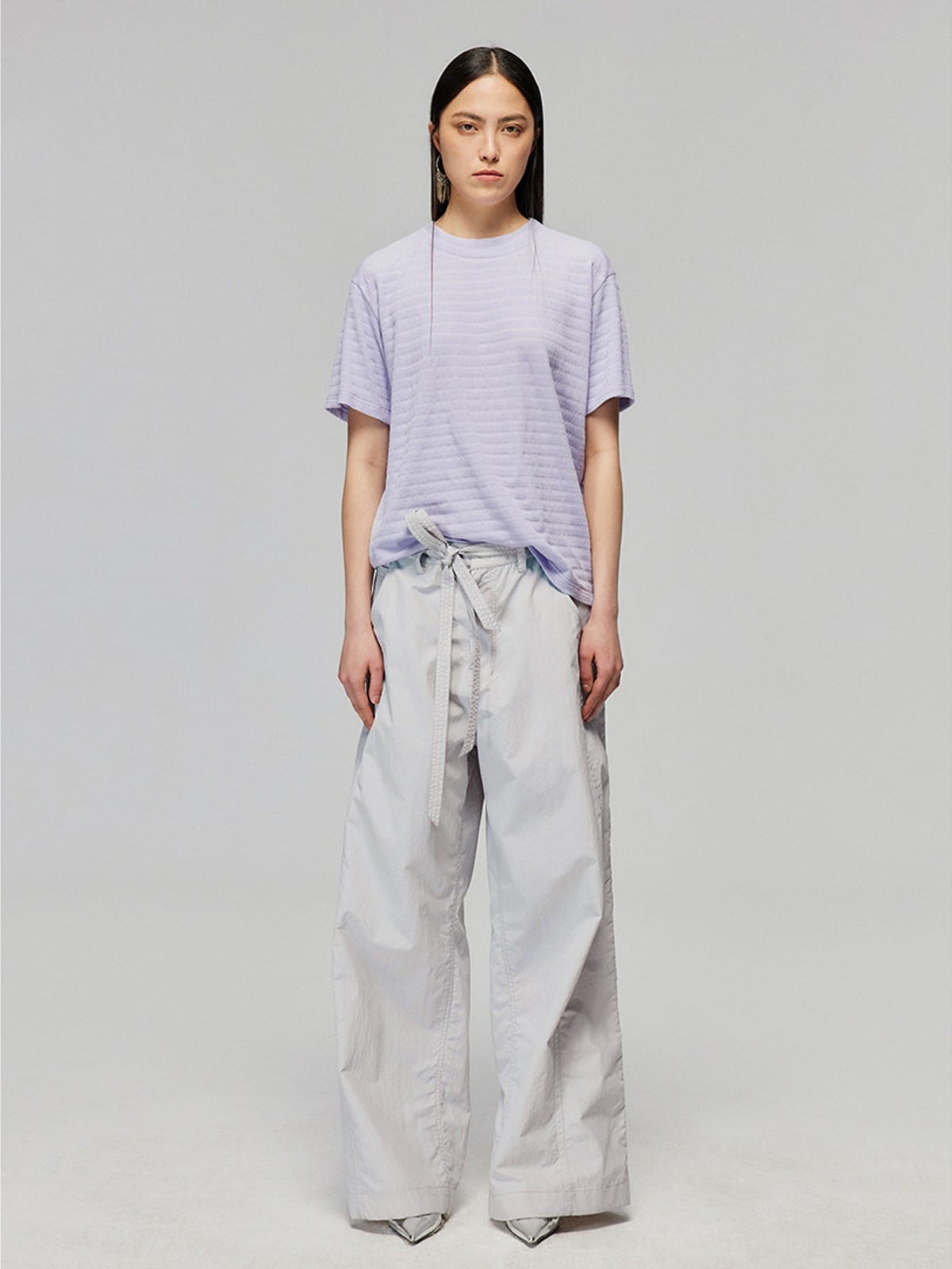 SIMPLE PROJECT Textured Diagonal Paneled T Shirt in Lavender - On Female Model