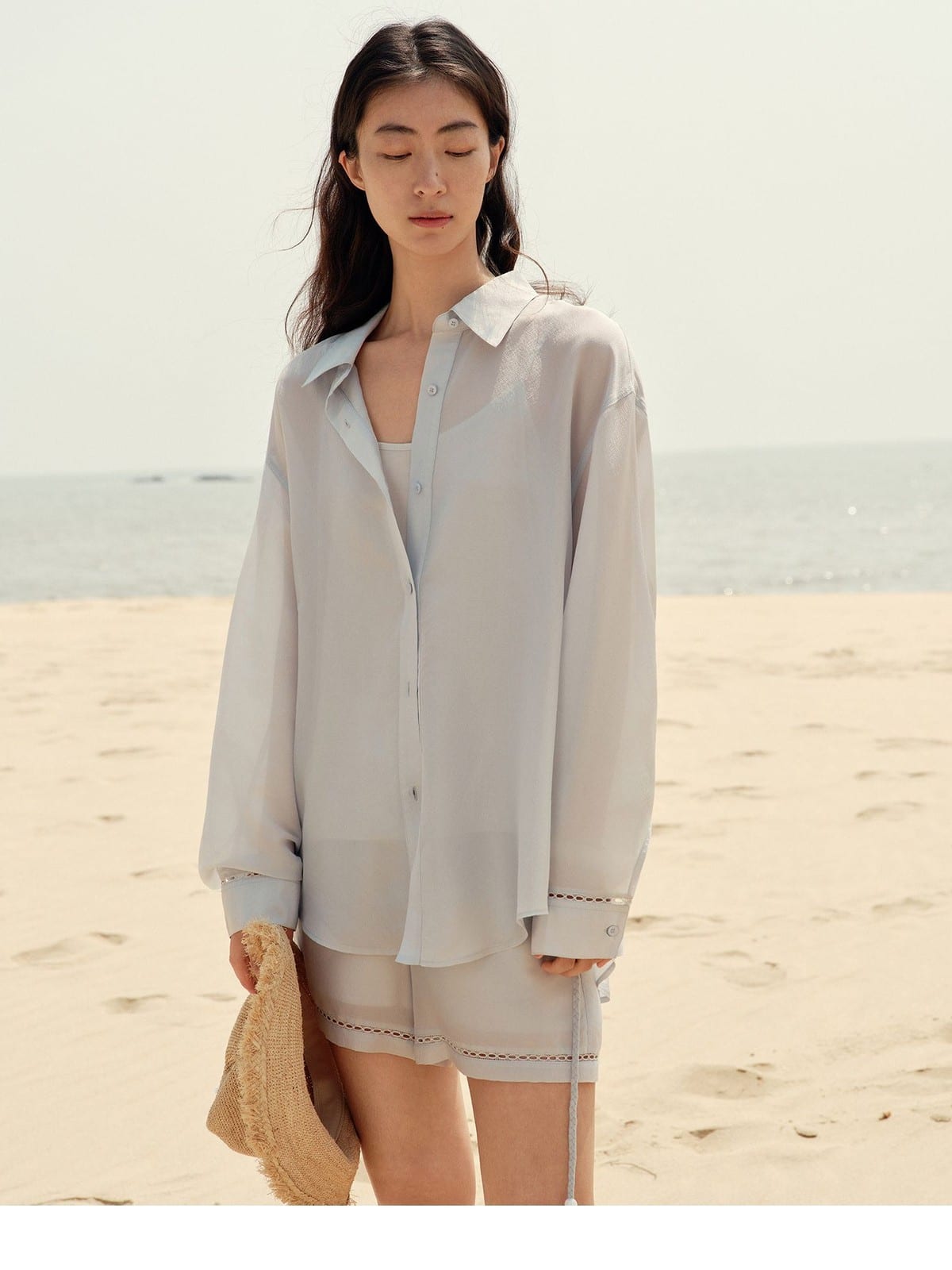 TEASEL Silk Blend Sheer Resort Shirt in Sky Blue - On Female Model