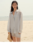 TEASEL Silk Blend Sheer Resort Shirt in Sky Blue - On Female Model