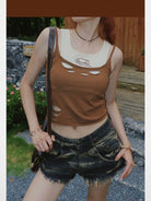 BeerBro Distressed Raw Hem Denim Shorts in Denim - On Female Model