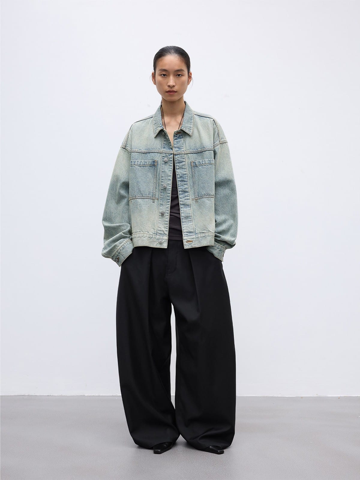 Random Piece Washed Cotton Cropped Denim Jacket in Sky Blue - On Female Model