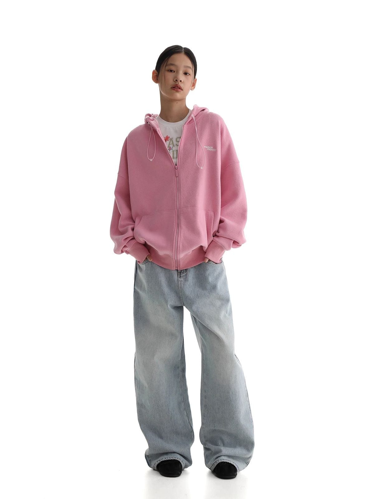 MASONPRINCE Cotton Blend Zip Up Hoodie in Pink - On Female Model