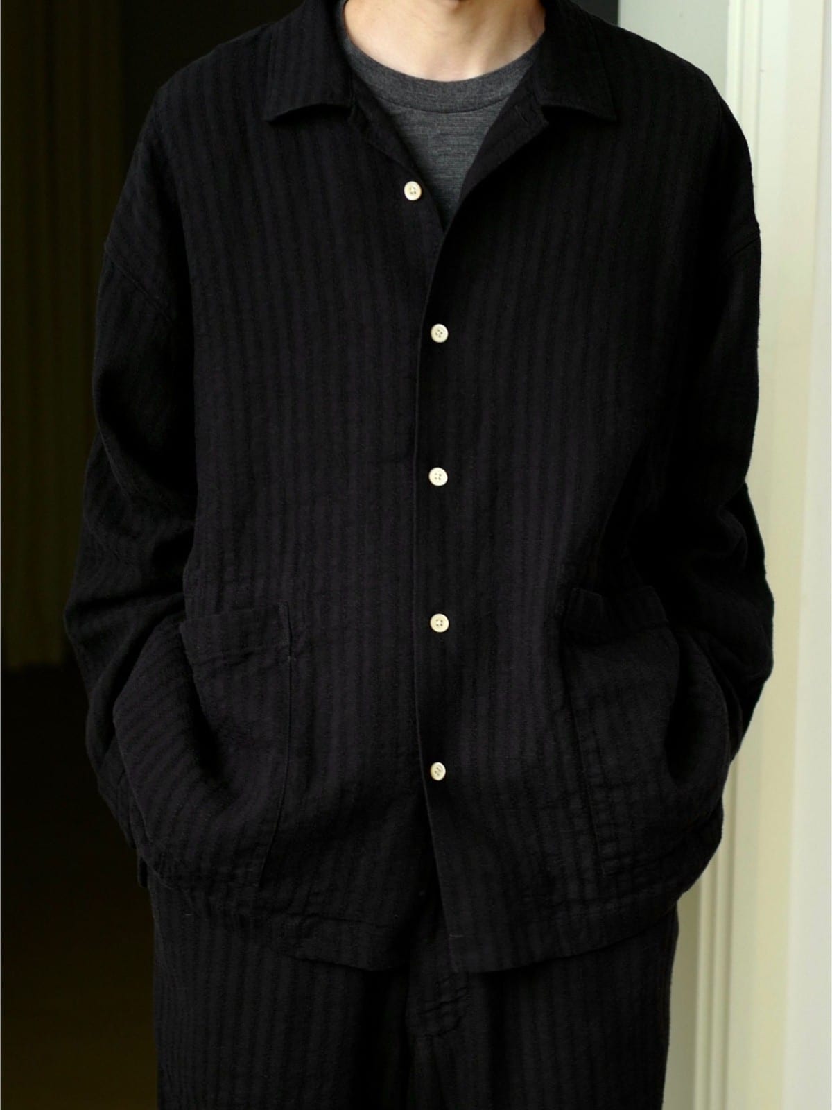 USAGE Textured Cotton Ramie Work Shirt in Black - On Male Model