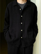 USAGE Textured Cotton Ramie Work Shirt in Black - On Male Model