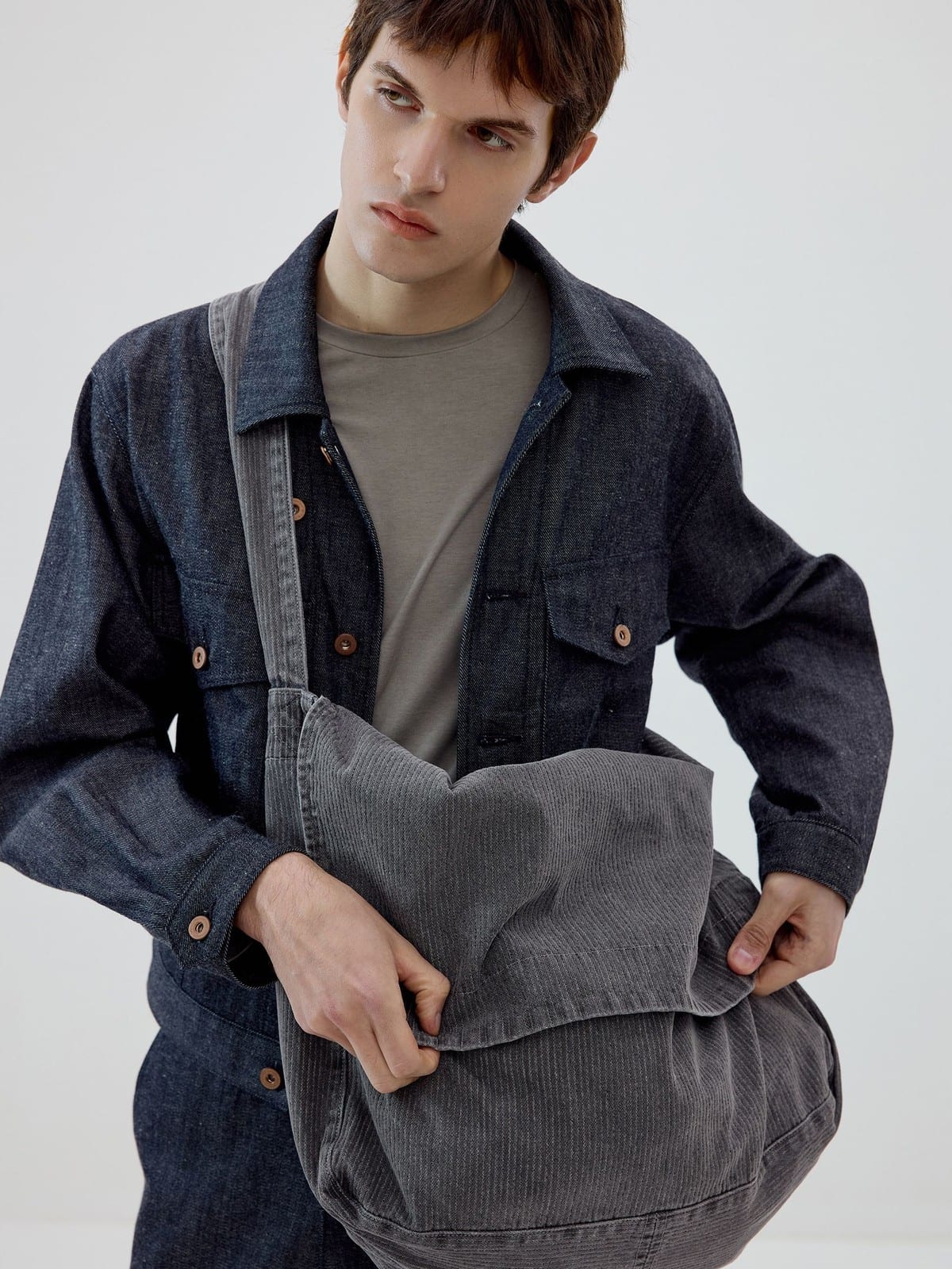 SIMPLE PROJECT Ramie Blend Raw Denim Field Jacket in Blue - On Male Model