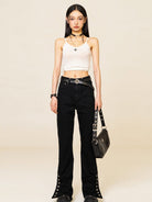 SMFK High Stretch Biker Flare Jeans in Black - On Female Model
