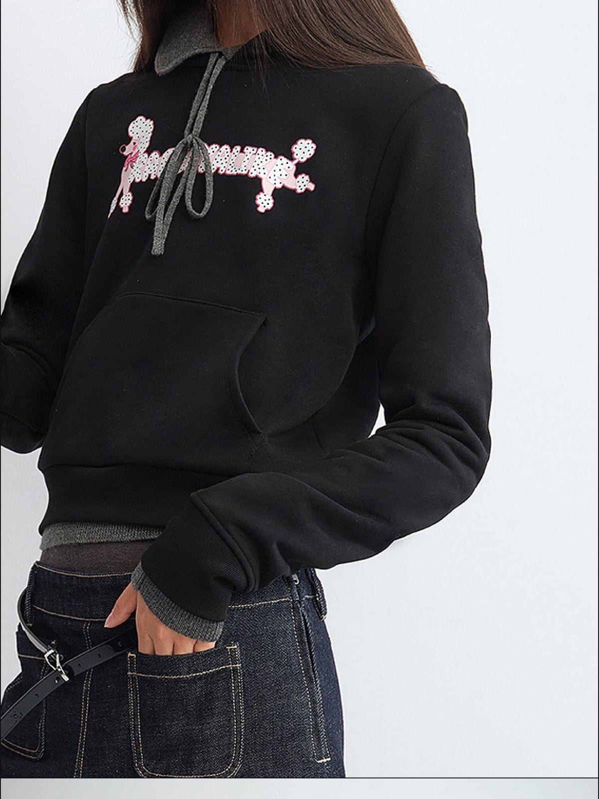 RARELY ALIKE Polka Dot Poodle Cropped Hoodie in Black - On Female Model