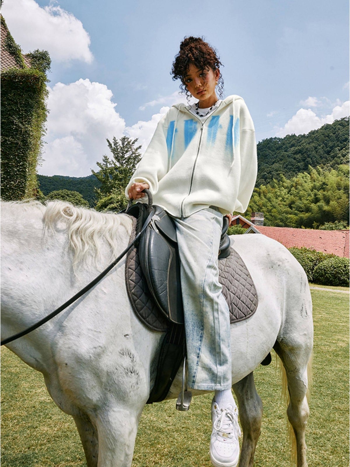 MEDM Zip Up Hooded Knit Cardigan in White - On Female Model