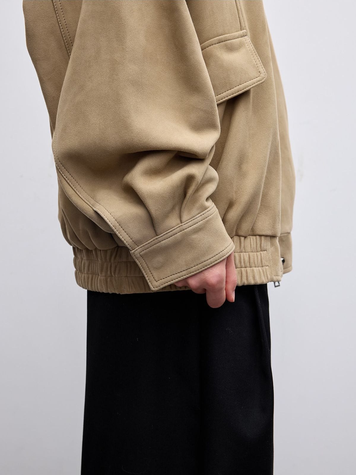 Random Piece Sheepskin Suede Stand Collar Jacket in Khaki - On Model