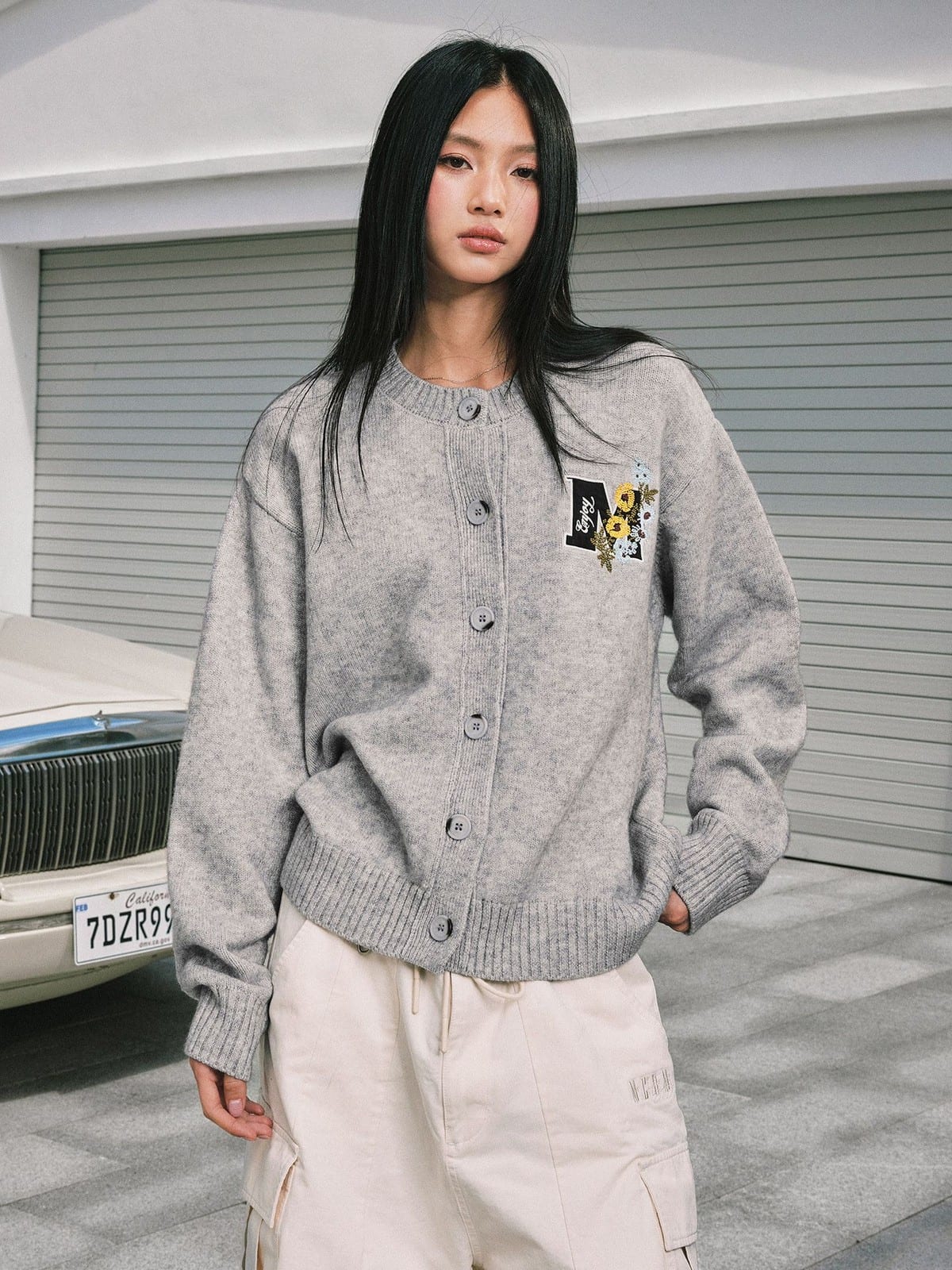 MEDM Floral Embroidered Knit Cardigan in Gray - On Female Model