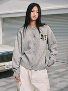 MEDM Floral Embroidered Knit Cardigan in Gray - On Female Model