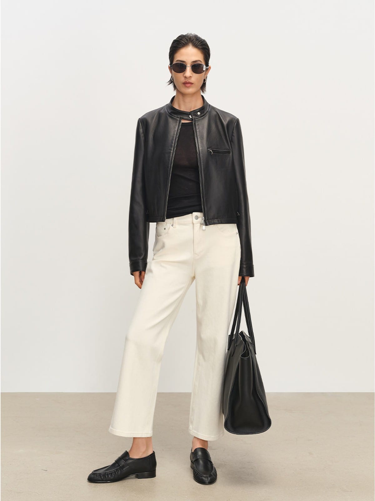 MSBEAST Suede Leather Cropped Moto Jacket in Black - On Female Model
