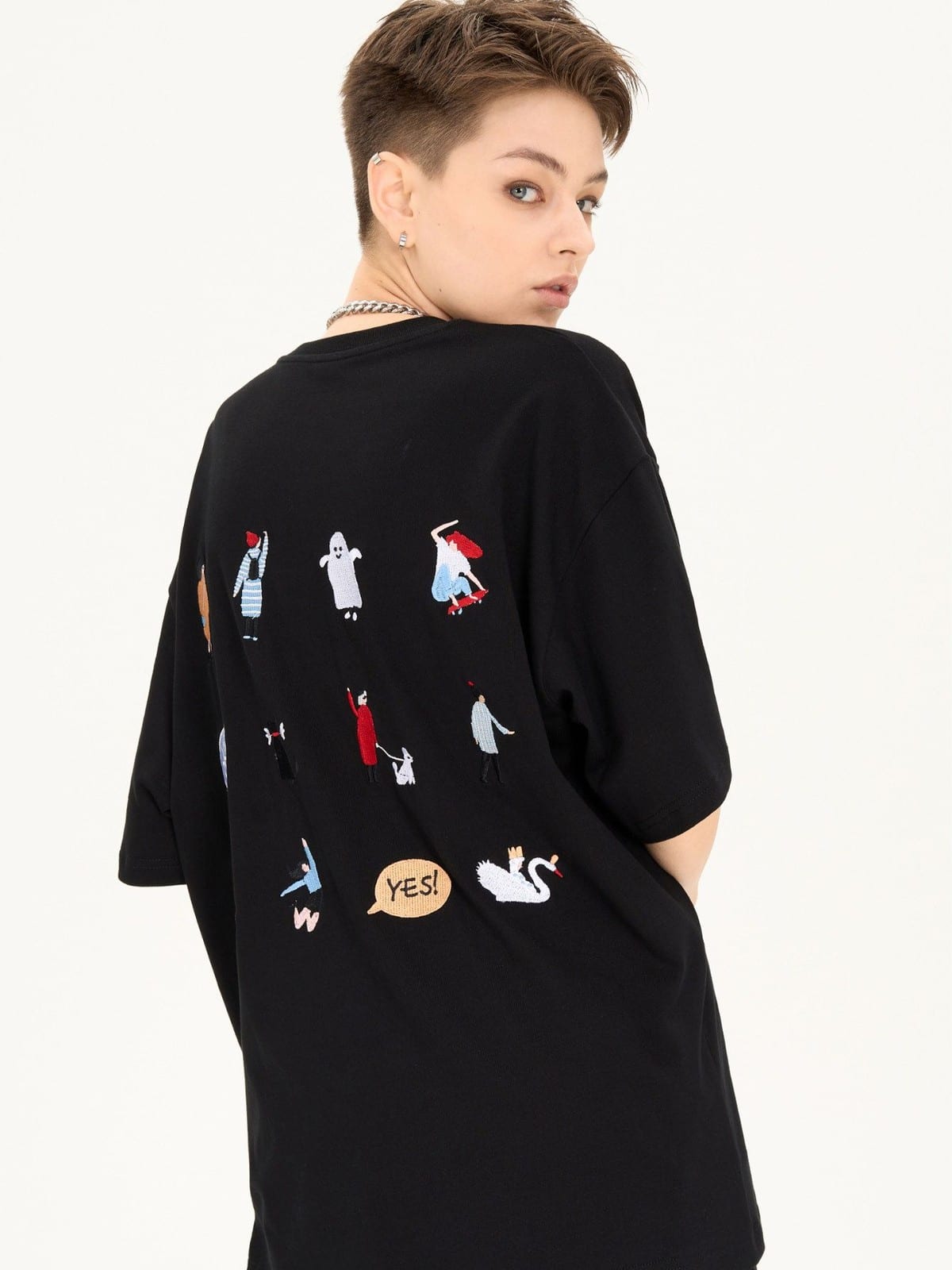 LOSTCTRL Cartoon Embroidery Cotton T Shirt in Black - On Female Model