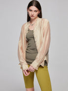 SIMPLE PROJECT Sheer Crinkled Plaid Ruffle Shirt in Khaki - On Female Model
