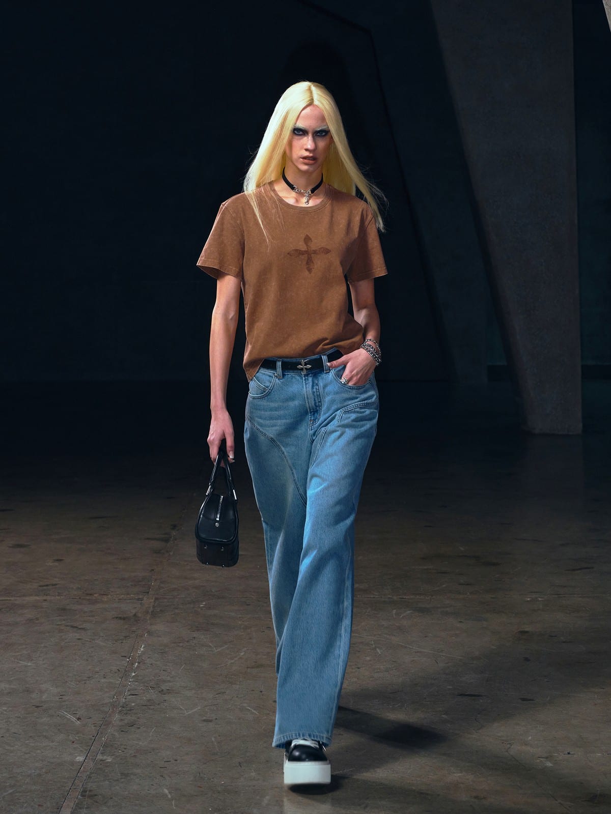 SMFK Stone Washed Graphic T Shirt in Brown - On Female Model