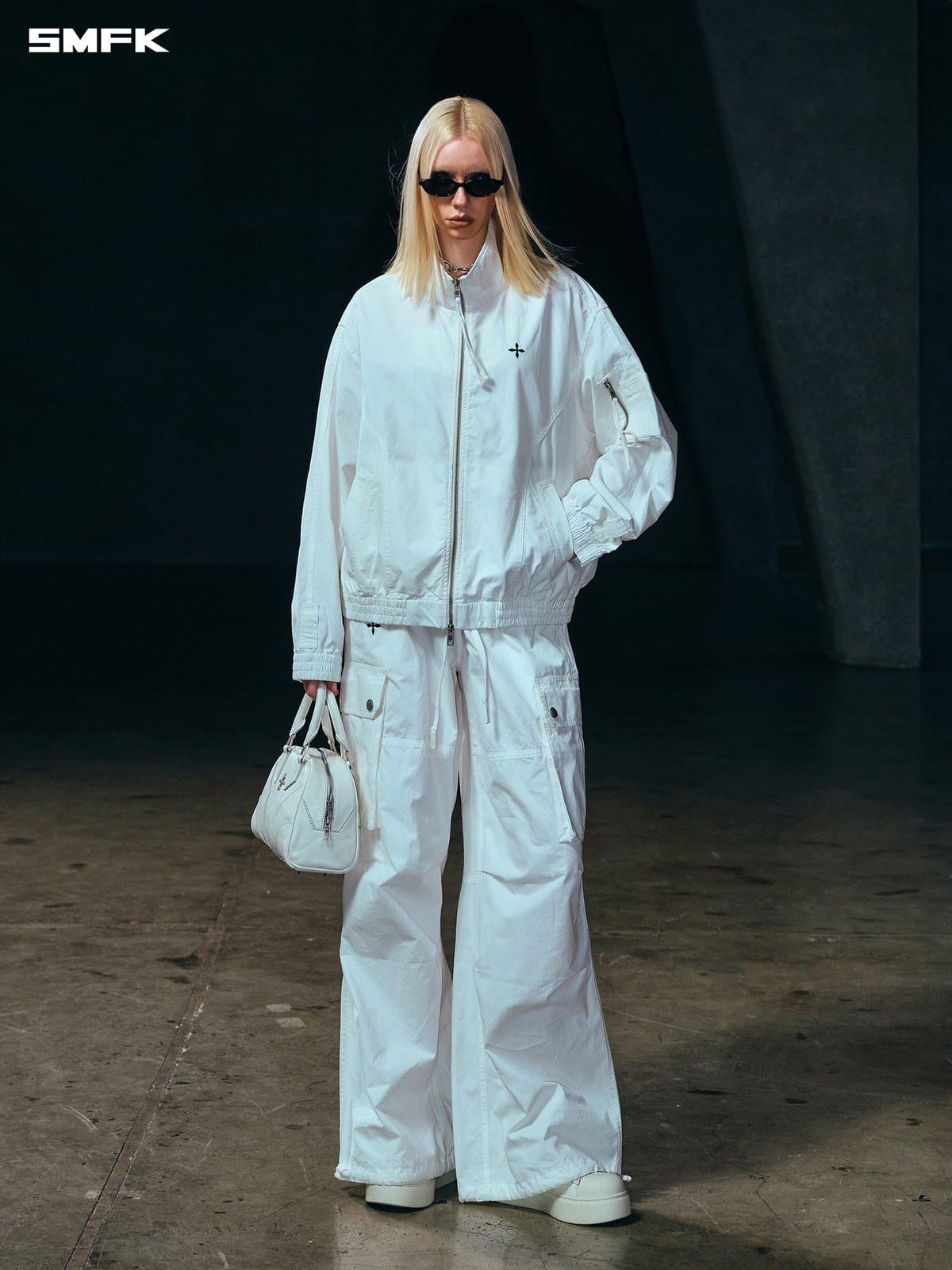 SMFK Vintage Wash Cotton Track Jacket in White - On Female Model