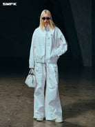 SMFK Vintage Wash Cotton Track Jacket in White - On Female Model