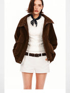 PUKI Cropped Sueded Stand Collar Jacket in Brown - On Female Model