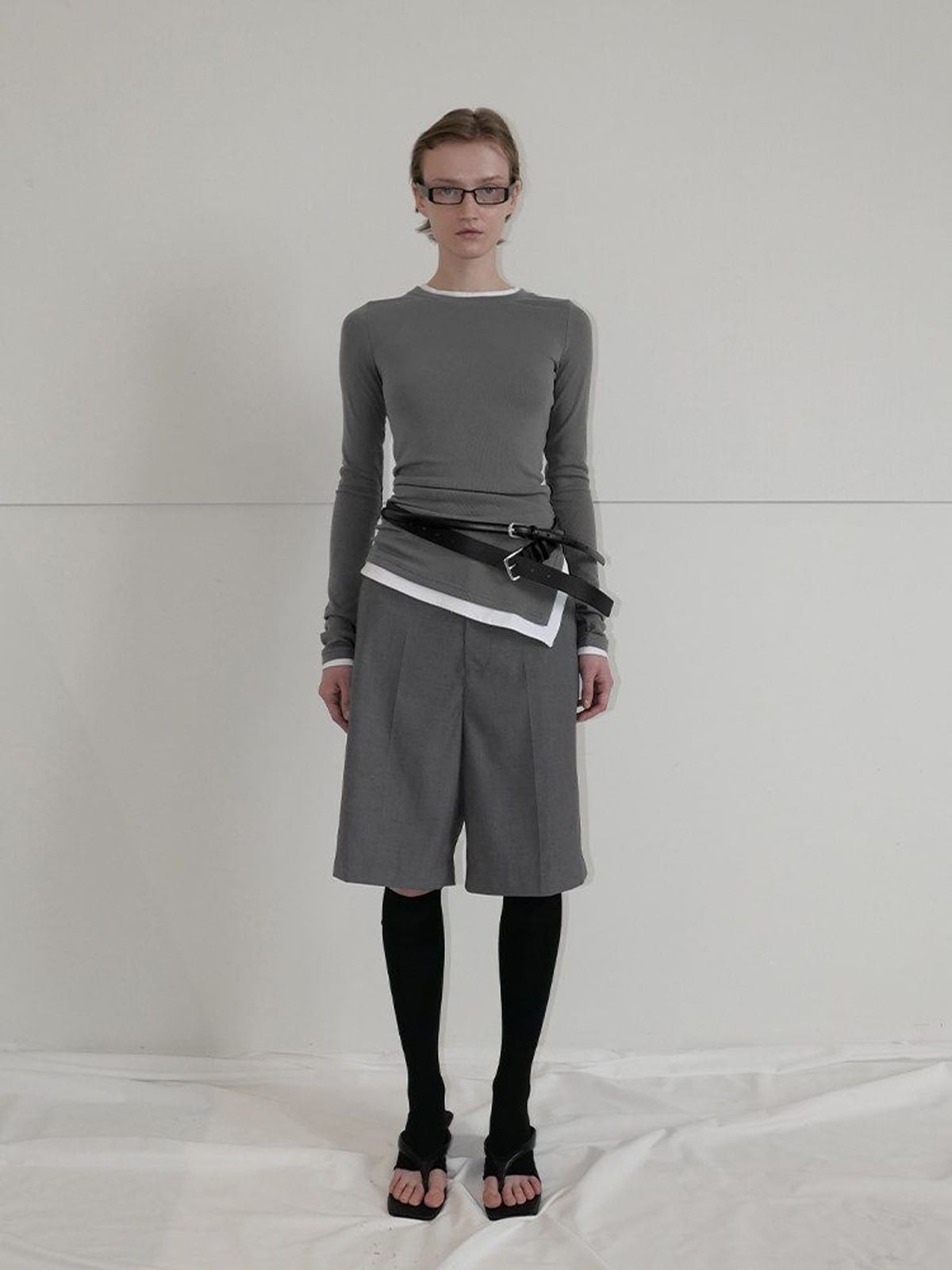 RARELY ALIKE Tailored Bermuda Shorts in Gray - On Female Model