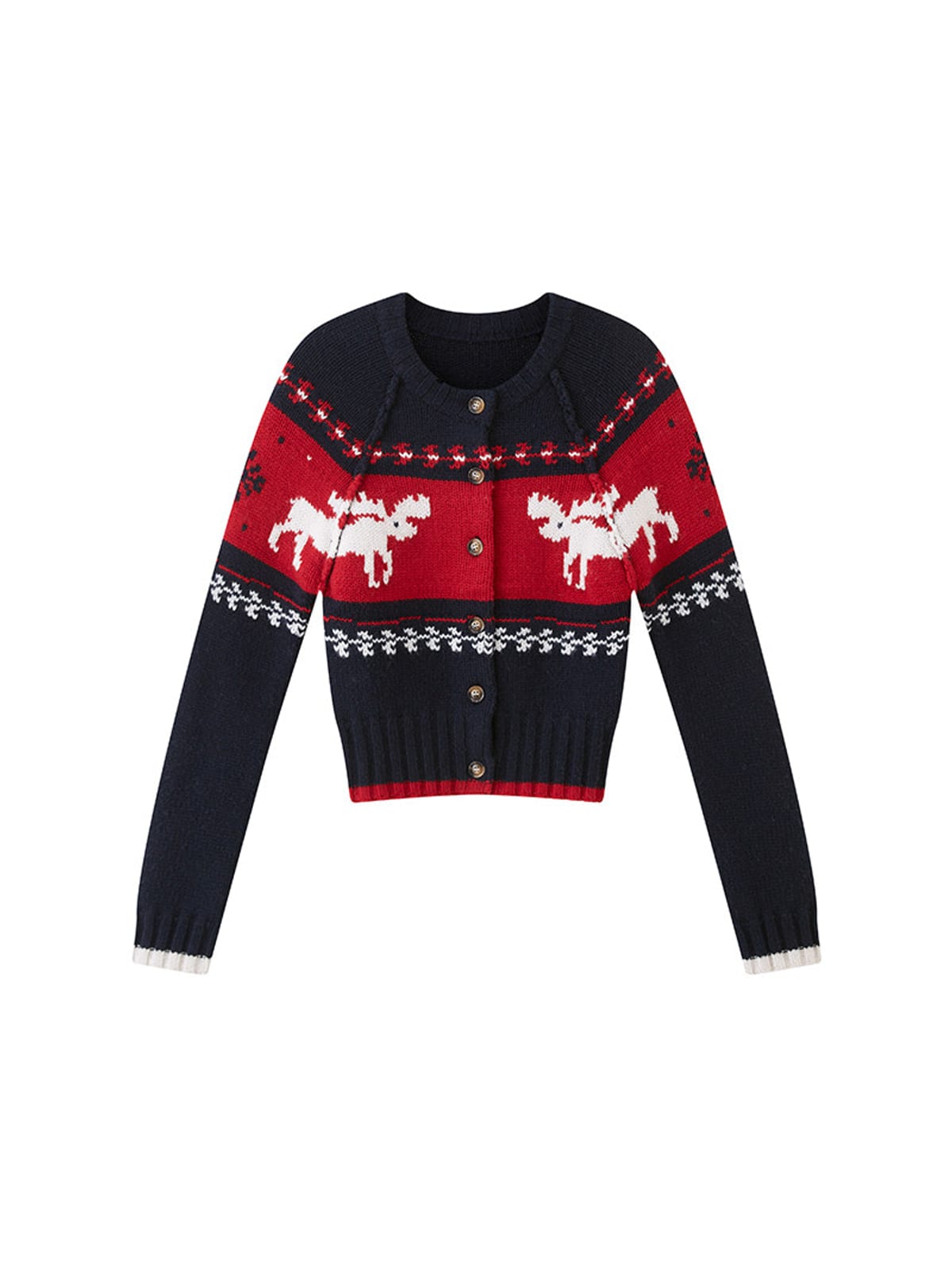 SweetChilling Reindeer Jacquard Wool Blend Cardigan in Navy Blue