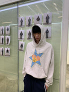 NeverSeez Star Patchwork Raw Edge Hoodie in Gray - On Male Model