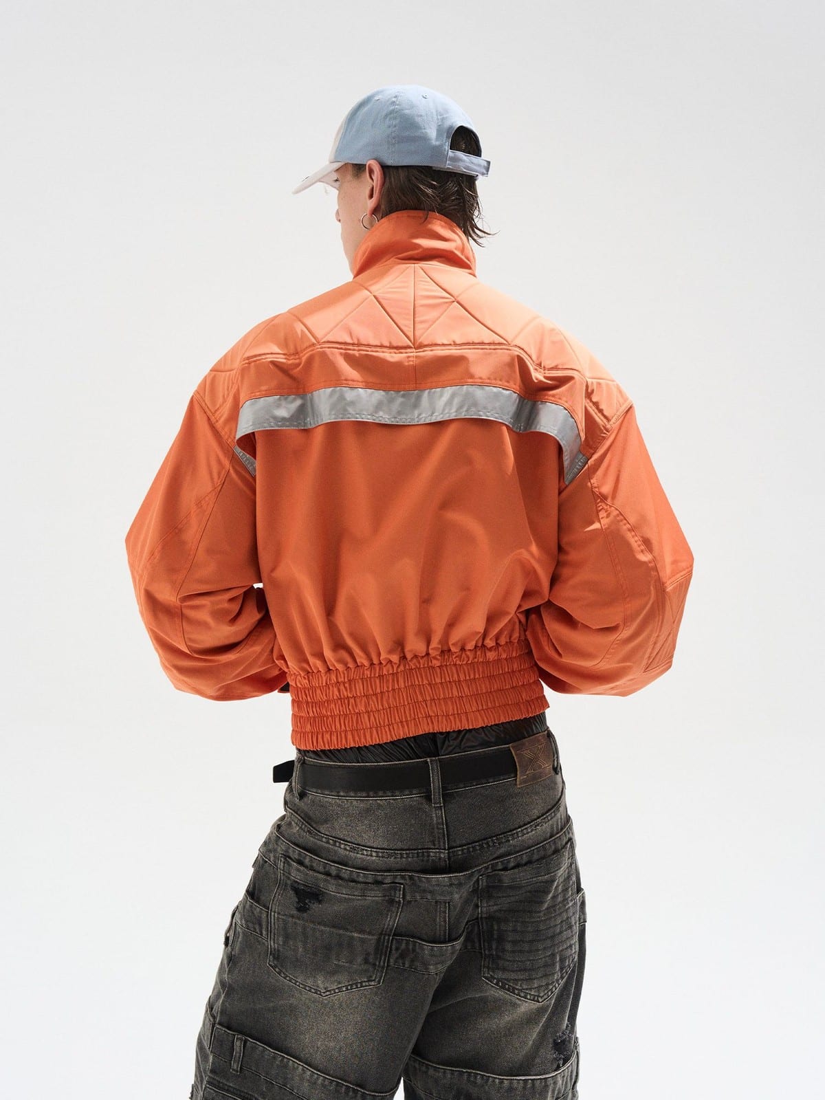 BLINDNOPLAN Reflective Strip Stand Collar Jacket in Orange - On Model
