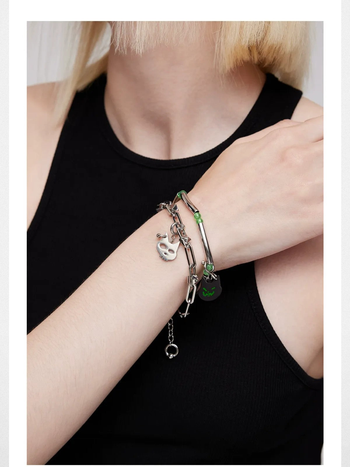 BLACKHEAD Double Layer Cat Charm Bracelet in Silver - On Female Model