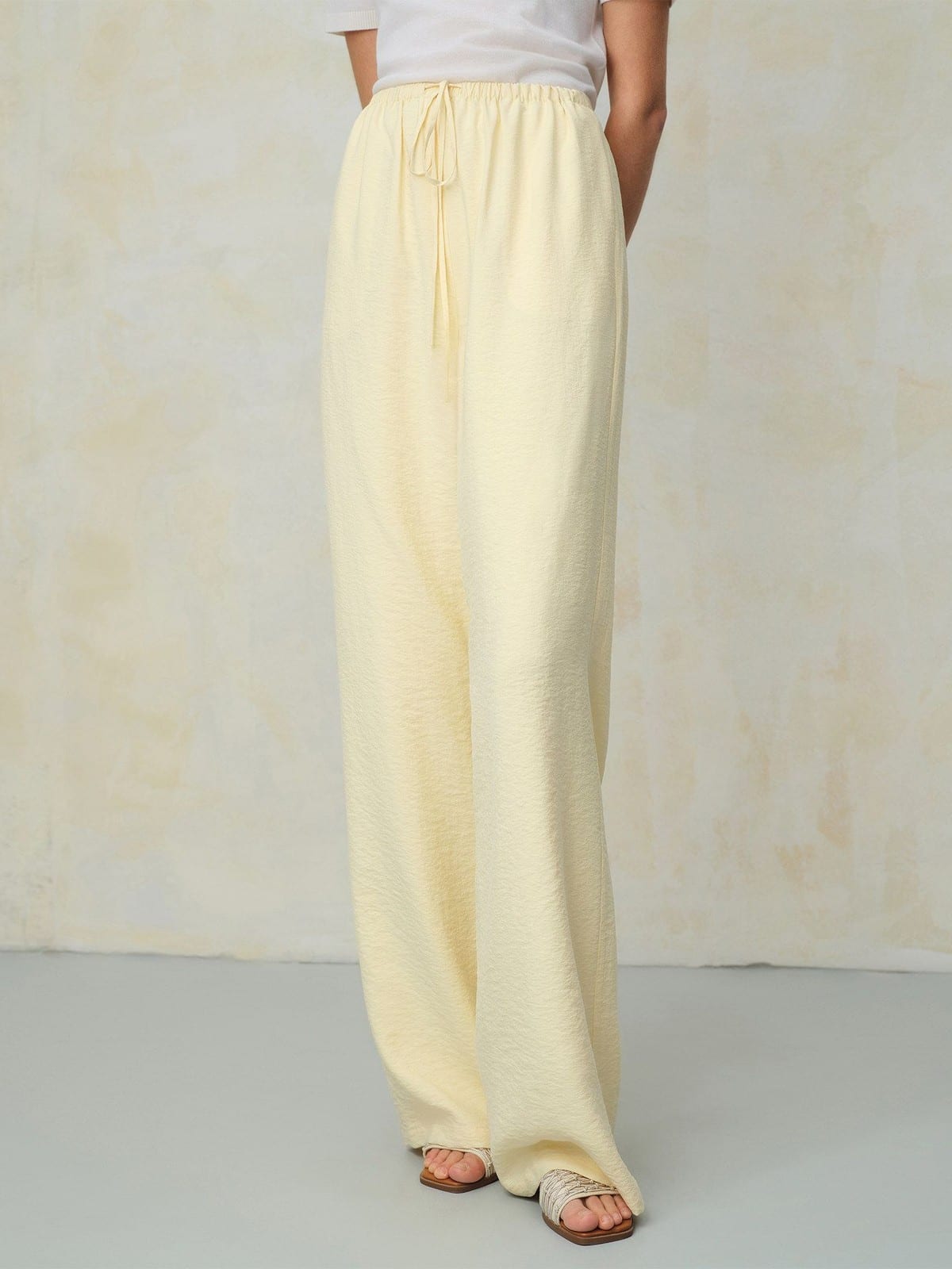 TEASEL Crinkled Silk Blend Shirt Pants Set in Yellow - On Female Model