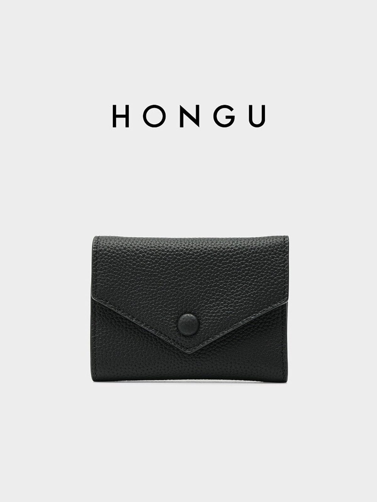 HONGU Cowhide Leather Trifold Wallet in Black