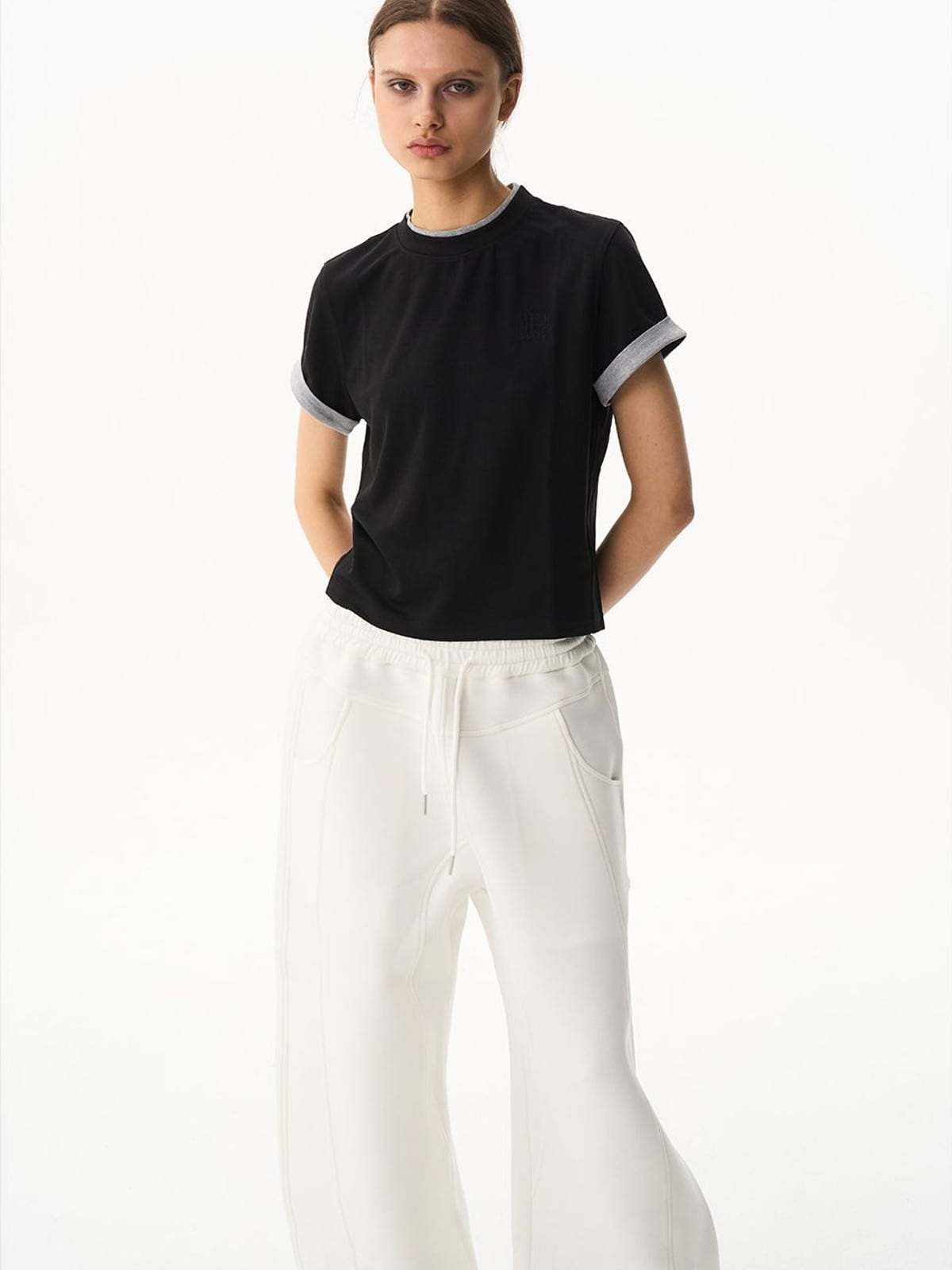 BLINDNOPLAN Embroidered Mock Two Piece T Shirt in Black - On Female Model