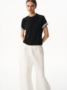 BLINDNOPLAN Embroidered Mock Two Piece T Shirt in Black - On Female Model