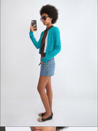 RARELY ALIKE Wool Color Block Layered Cardigan in Blue - On Female Model