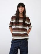 Random Piece Semi Sheer Striped Knit Top in Brown - On Female Model