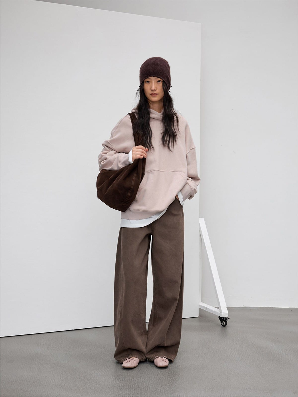 Random Piece Cotton Blend Drop Shoulder Hoodie in Pink - On Female Model
