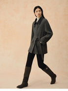 TEASEL Wool Plaid Barn Jacket with Fur Collar in Gray - On Female Model