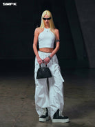 SMFK Garment Dyed Cargo Parachute Pants in White - On Female Model