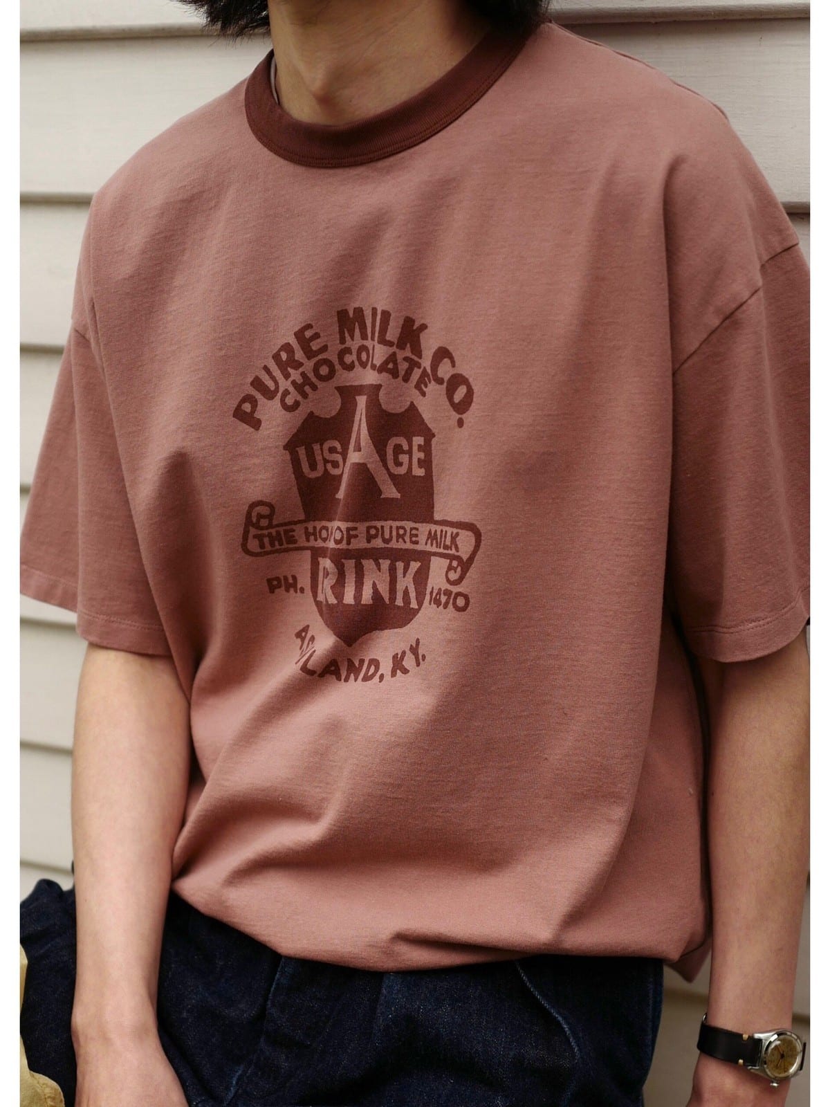 USAGE Graphic Cotton Ringer T Shirt in Pink - On Male Model