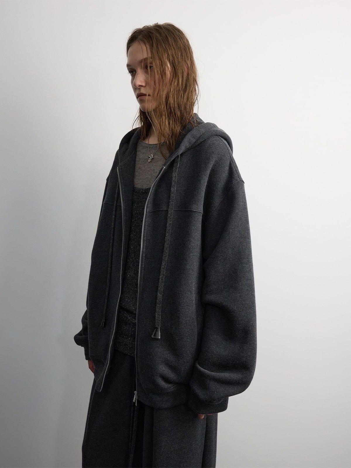 Random Piece Wool Blend Fleece Lined Zip Hoodie in Gray - On Female Model