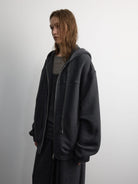 Random Piece Wool Blend Fleece Lined Zip Hoodie in Gray - On Female Model